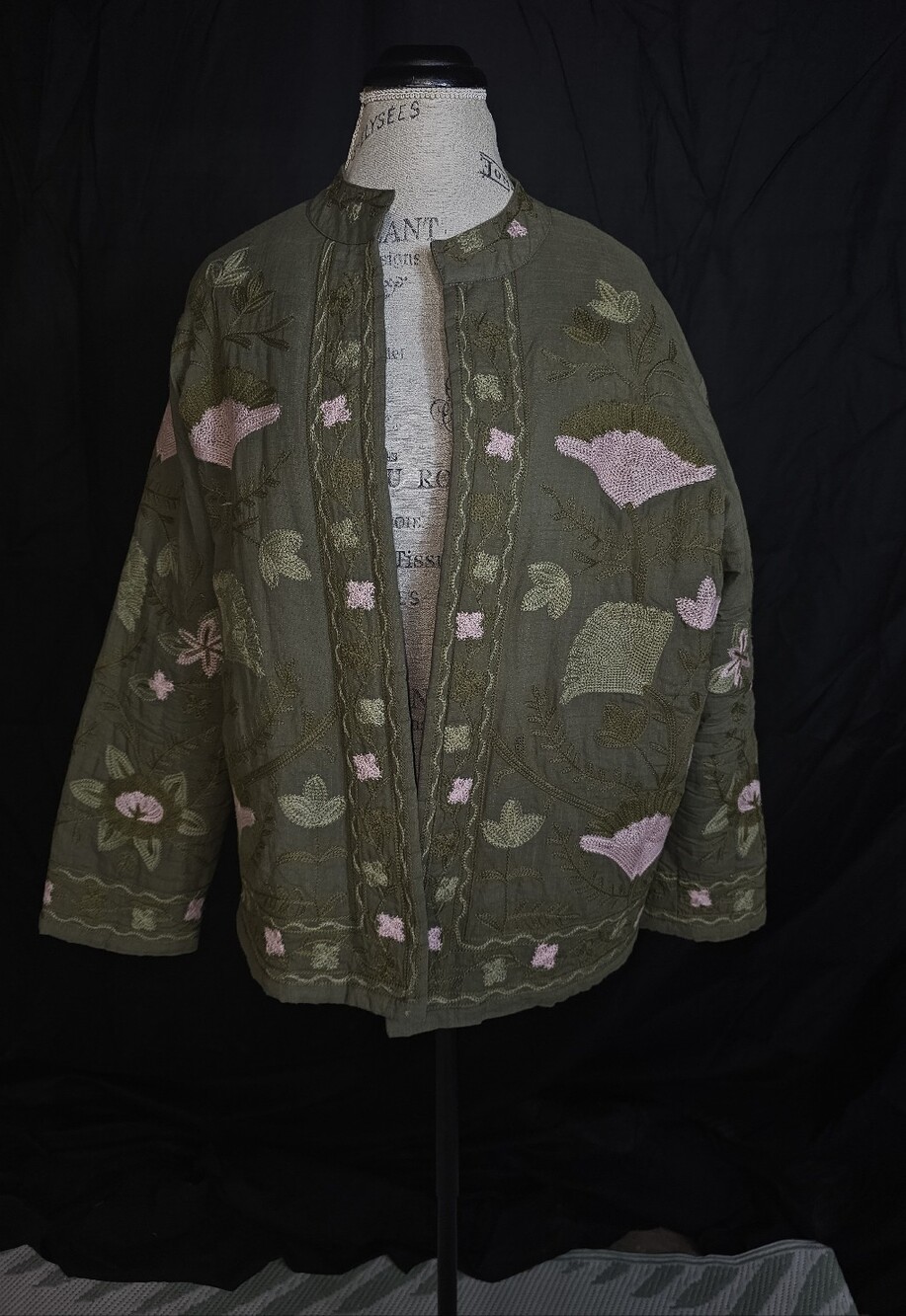 Olive Green Open-Front Embroidered Utility Jacket with Pink Accents